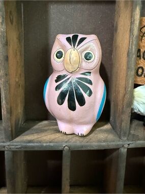 Vintage Miniature Hand-Painted Pink Ceramic Owl Figurine